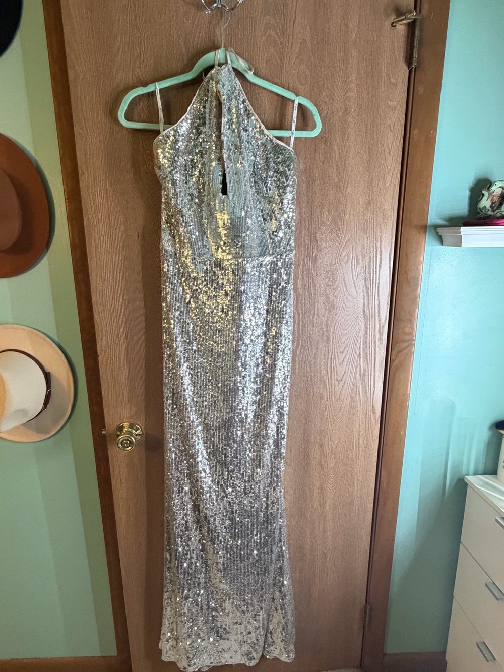 Club L London Silver Sequin Halter Keyhole Gown - Picture 6 of 11